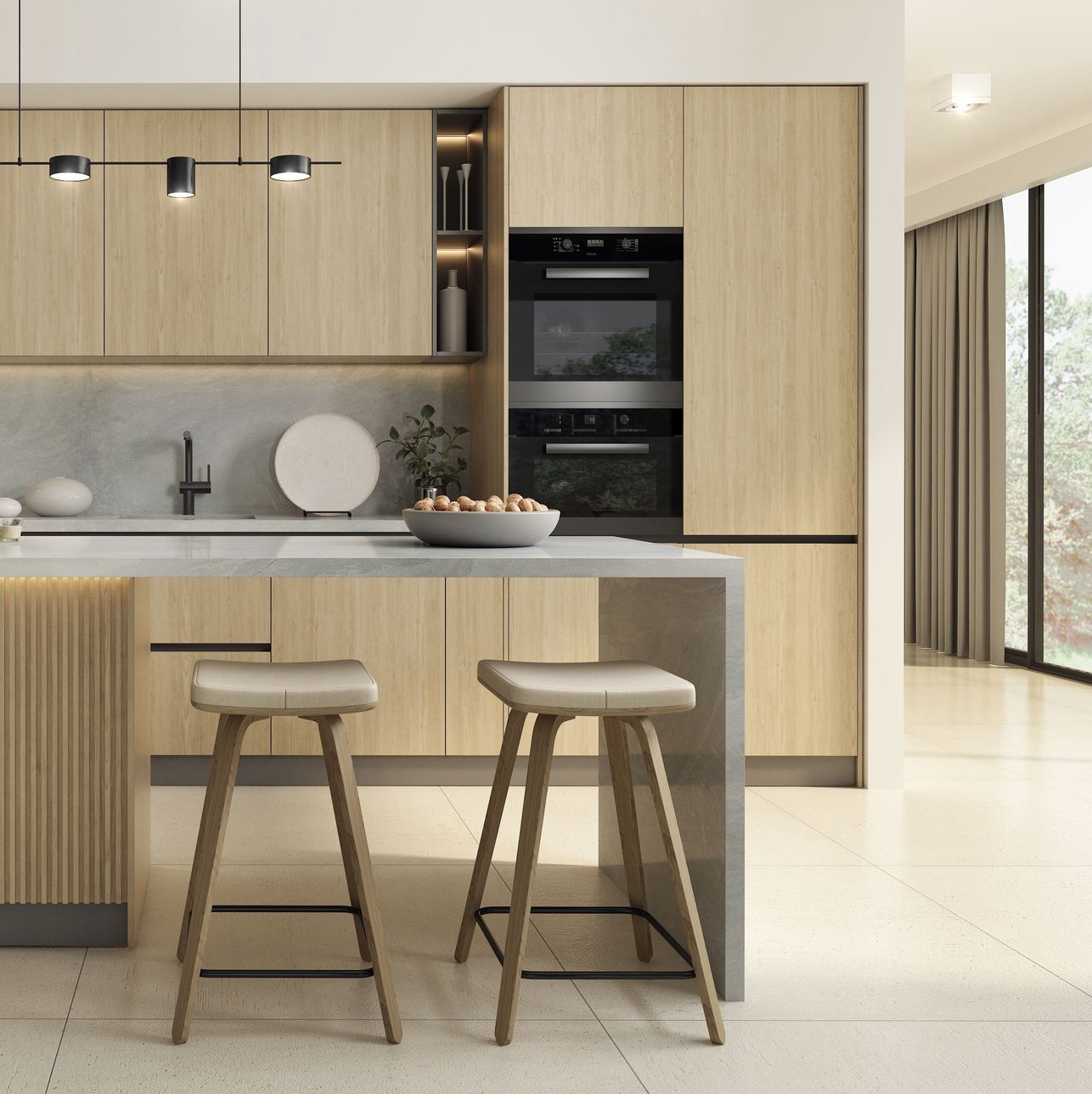 3d rendered illustration of a modern spacious kitchen with a free-standing kitchen island CENTURY TITANIO 60X60 - Imagen 1